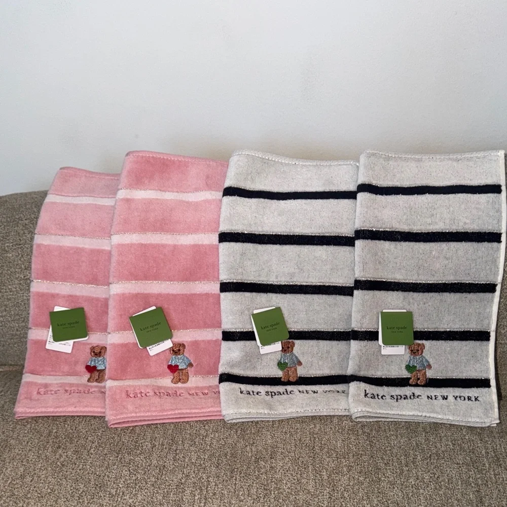 Kate Spade Pink and Gray Striped Towels with Bear Design